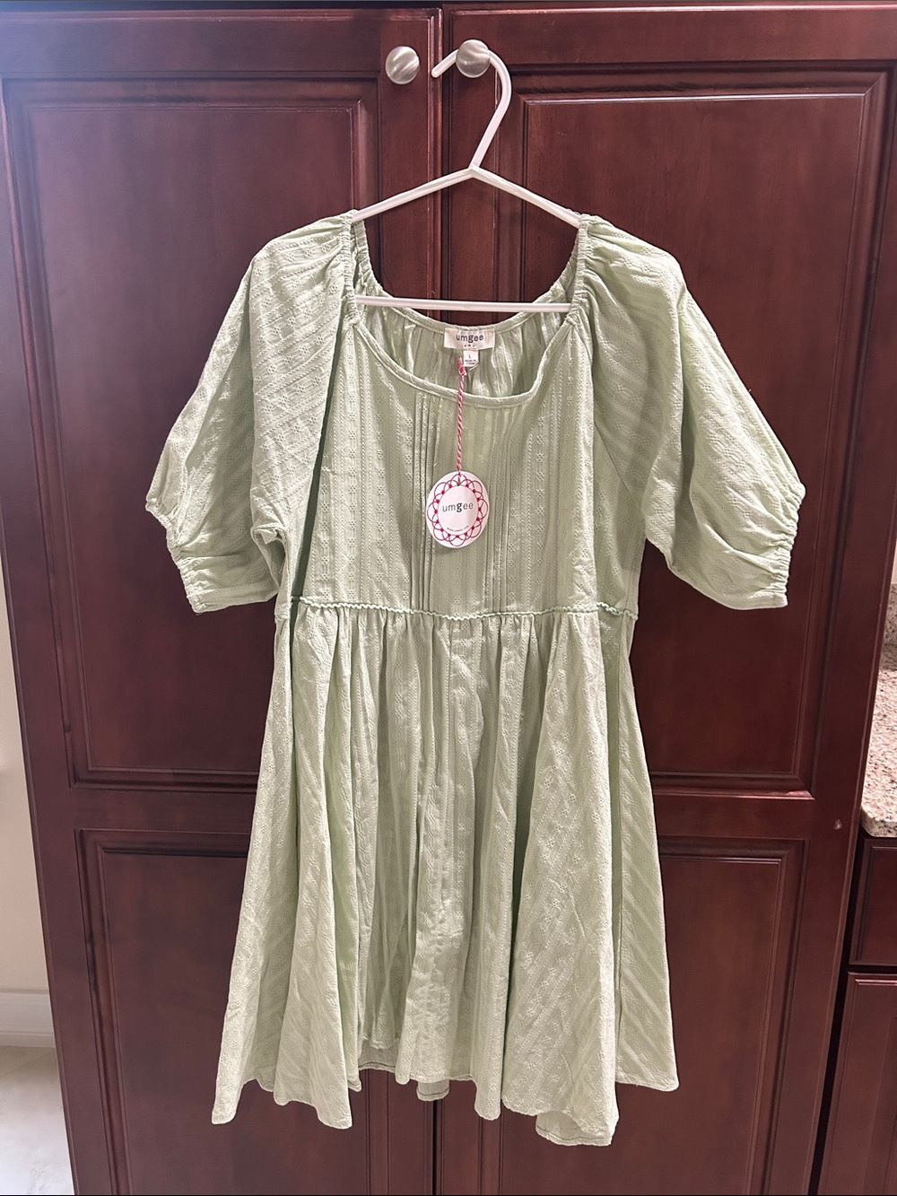 Umgee Light Green Textured Dress with Puff Sleeves